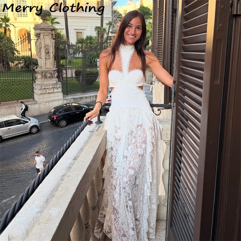 Sexy Lace Patchwork Dress Women Hollow Out Sleeveless Party Club Long Skirt See Through Halter Evening Gown Vacation Lady Robes 260624BJ