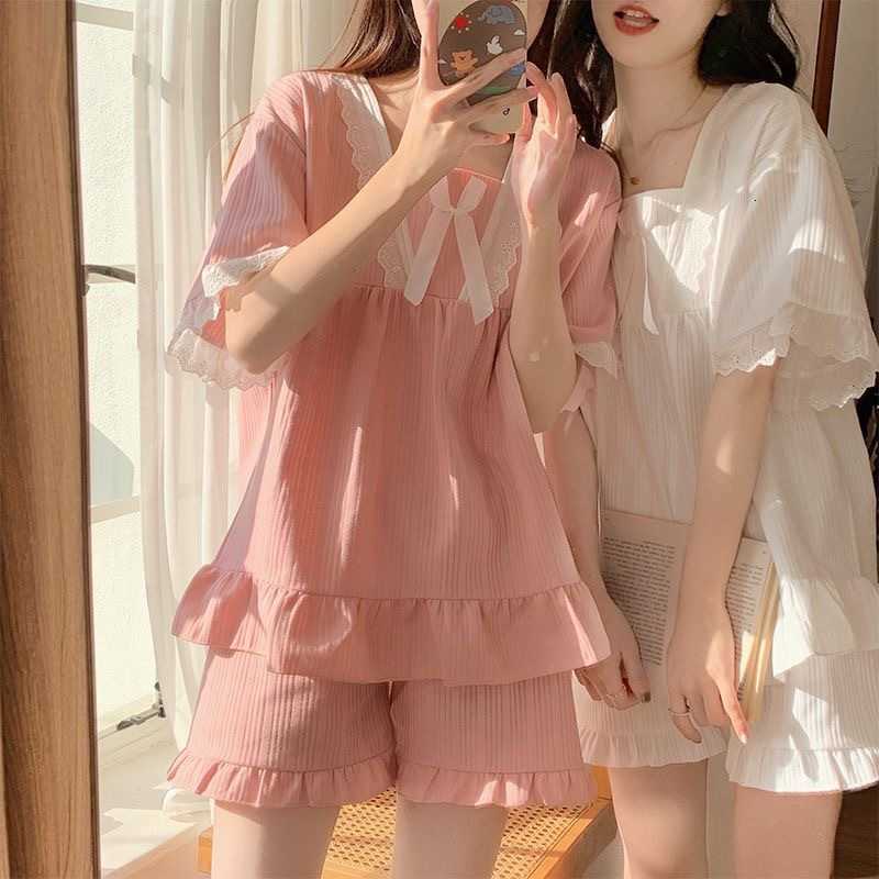 Summer Pajamas Ladies Style Loungewear Set Short-Sleeved wiTH Cushion Korean Small Sweet girlfriends Loungewear Set M260625
