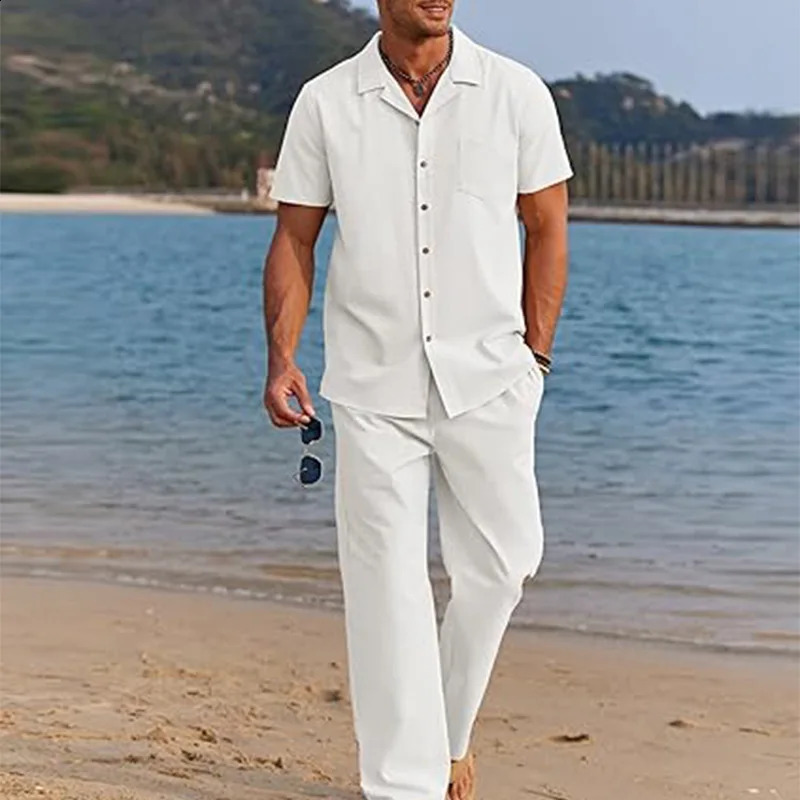 Quick drying breathable vacation mens summer cotton blend twopiece casual beach shirt loose shorts set wearing multiple colors 260625