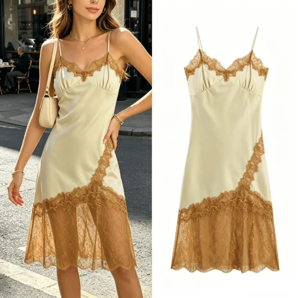 Womens Lace Camisole Dress Satin Backless Camisole Dress Sexy Thin Straps V-Neck Elegant Long Lace Midi Dress 2026 260624BJ