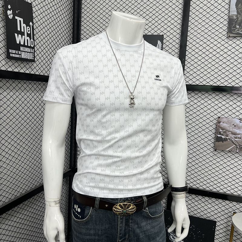 Men's Chinese Style Short-Sleeve T-Shirt, 100% Cotton Embroidered Letter Tee with Bead Detail, Regular-Fit Crew Neck Summer Festival Shirt for Casua