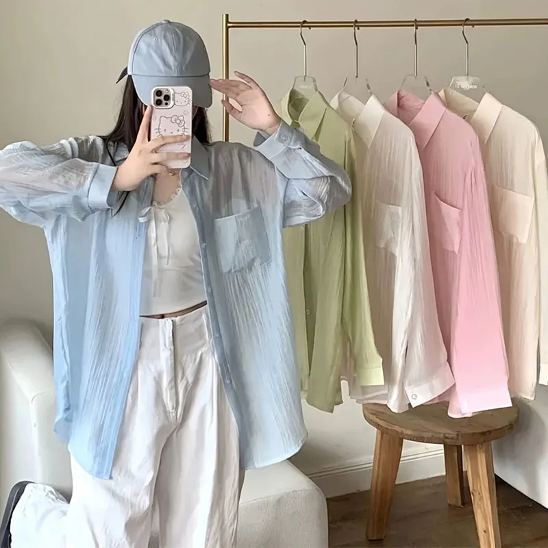 Summer Sunscreen Shirt Women Elegant Perspective Thin Chiffon Blouse 2026 Loose Breathable and SunProof Ice Silk Shirts 260624