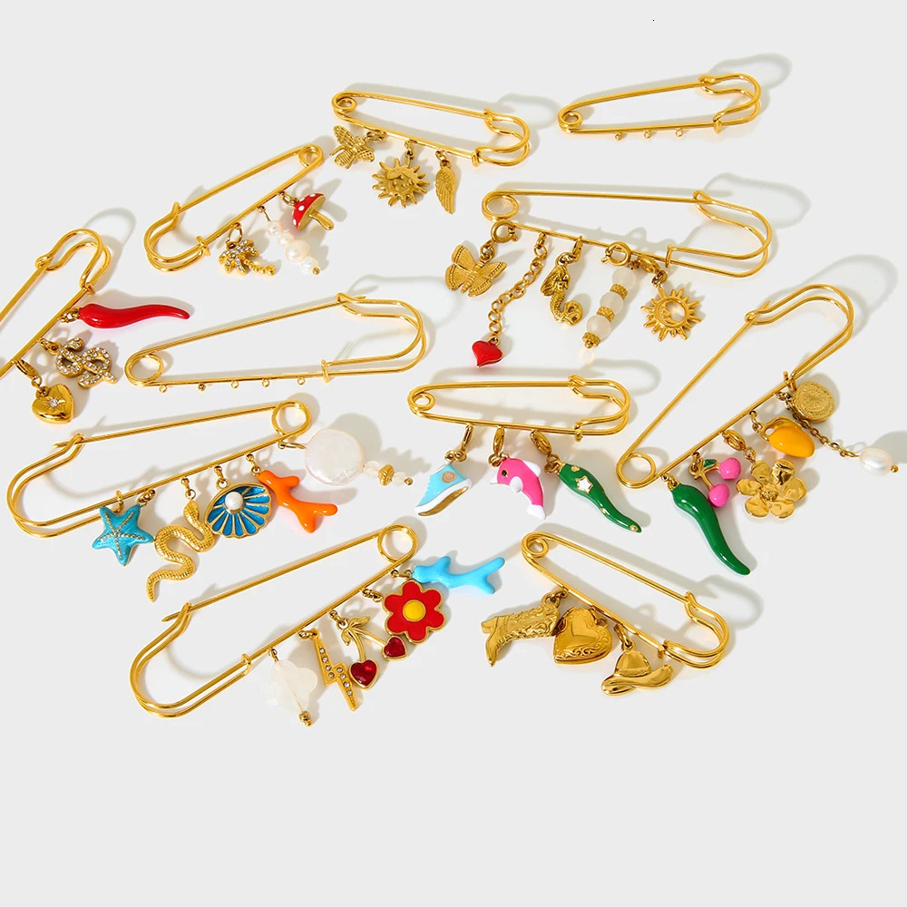 Unique 18K Gold Plated Animal Heart Drop Pendant Charmed Safety Pin Stainless Steel Waterproof DIY Brooch Pin Badge Accessories 260624