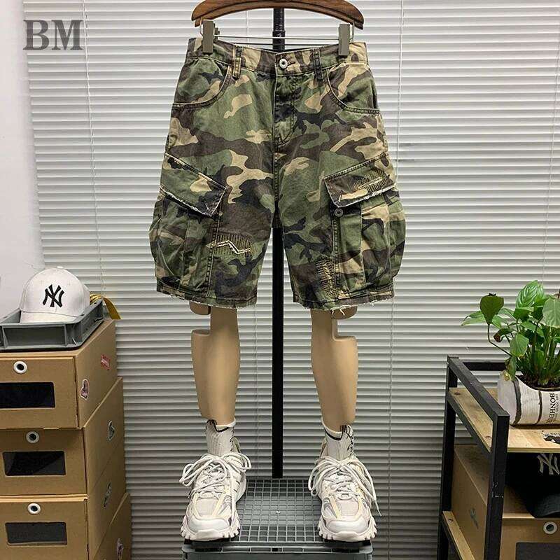 Camo Tactical Mens Multi Pockets Washed Distressed Cargo Shorts Outdoor Hiking Casual Trendy Streetwear Summer Mid Length 26Y0625