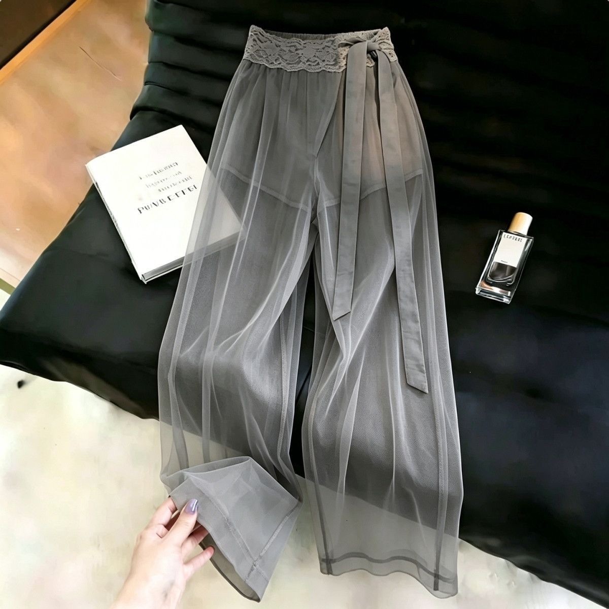 Designer 2026 Gray Lace Waistband Tie-up Mesh Wide-leg For Women, Summer Trendy New Luxury High-waisted Fashion Casual Pants Free Shipping