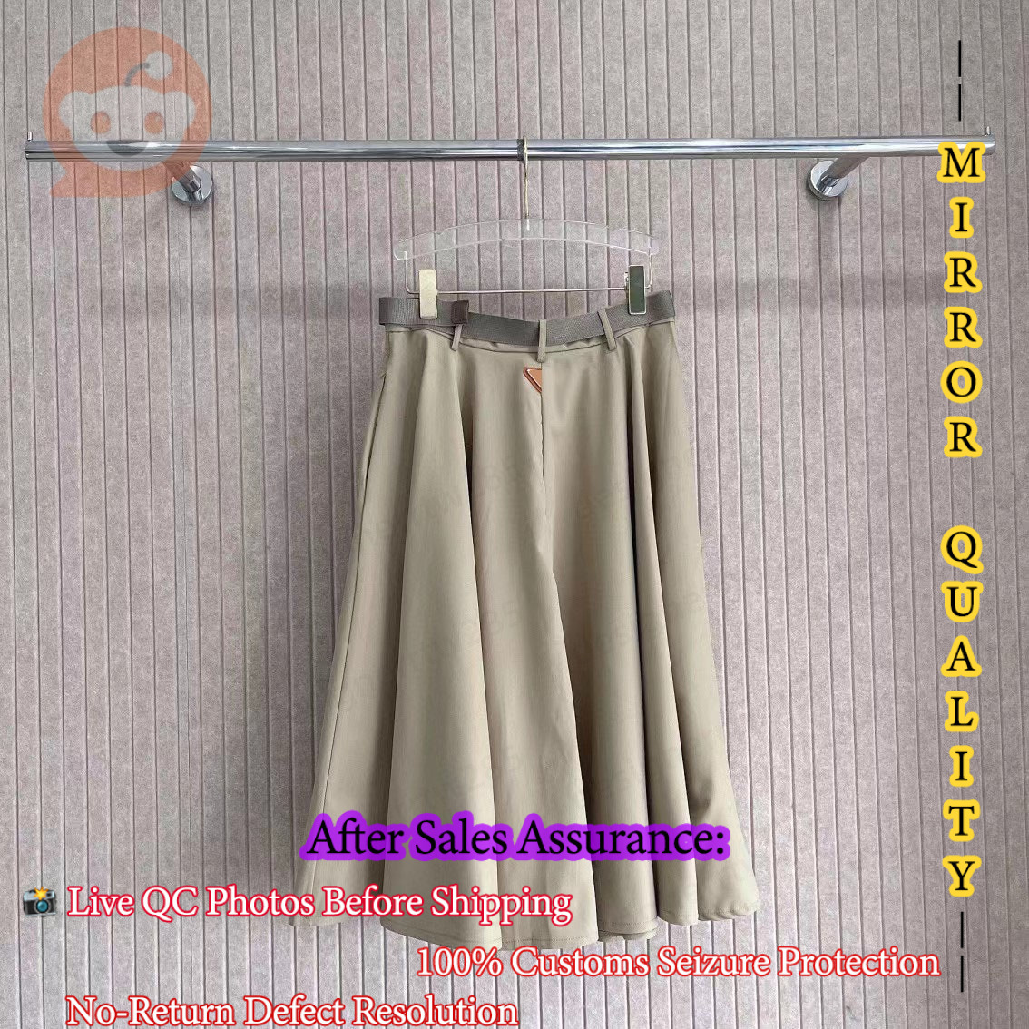 Praddda Designer Skirt Belted Khaki Luxury Brand Midi Skirts Women Beige A Line High Waist Swing Skirt Summer Elegant Casual Outfits Vestido Robe-image-1112112714