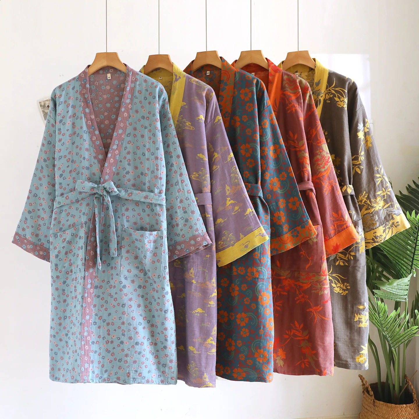 Cotton Yarn Dyed Kimono Robes with Belt for Womens Spring and Autumn Thin Vintage Jacquard Sleepwear Yukata Home 260625