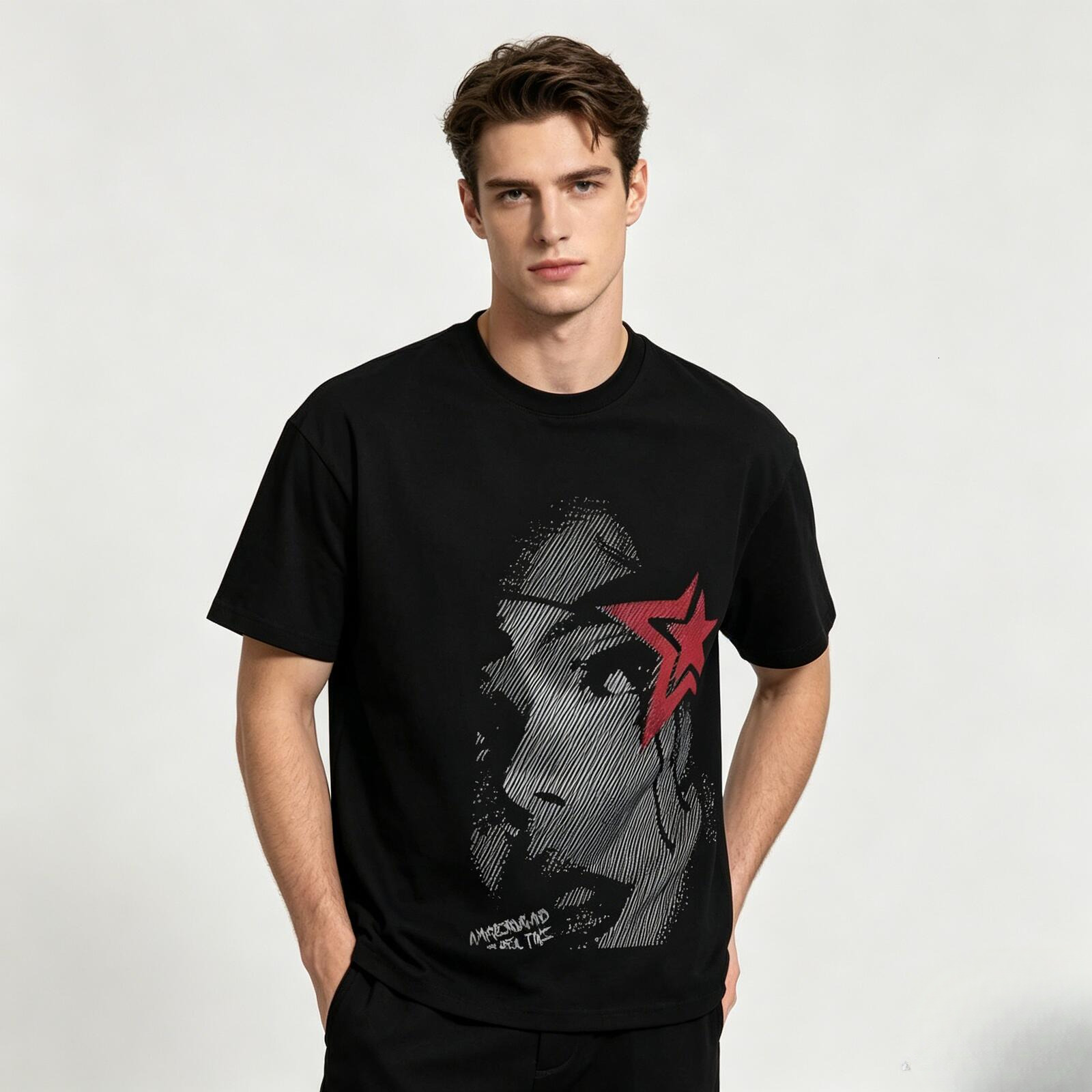 Mens Short Sleeve Tee Mens Five Star Face Print Heavyweight Pure Cotton Oversized Loose Couple Top For Men Daily Y2K Street Vacation Outfits