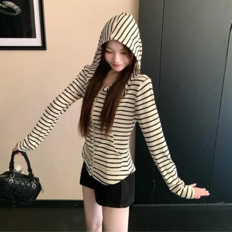 2000S American Vintage Striped Long Sleeve Hooded Sweatshirt Y2k Subculture Casual Zip Up Hooded Cardigan Harajuku Coats Chic 260625