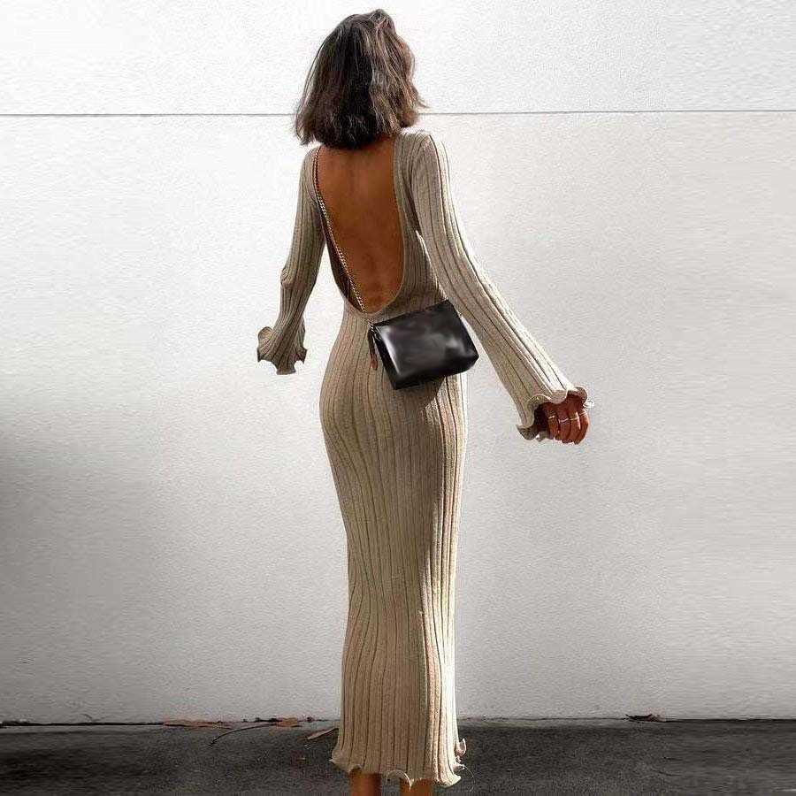 Fashion Sexy Knitted Long Dress Women Backless Flare Sleeves Ruffles Slim Maxi Dress Party Evening Bodycon Dress Vestido Beach Vacation Robe 260625
