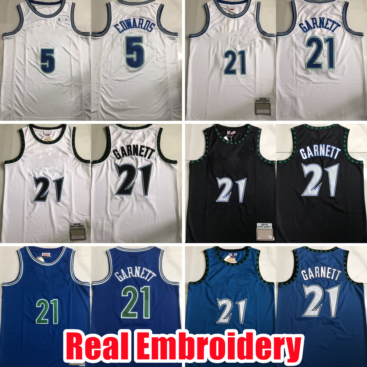 rare Real Embroidery Basketball Jerseys 21 Kevin Garnett Black 1997 #5 Anthony Edwards Authentic Stitched Jersey Shorts Mens S-XXL