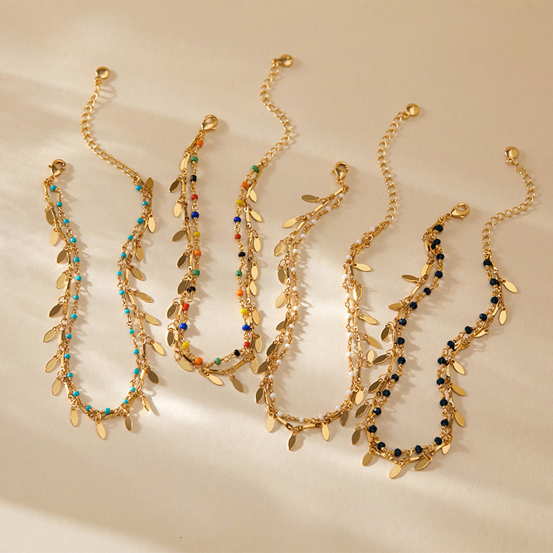 Bohemian copper-plated 18K real gold water drop design, fresh and simple anklet, beach vacation style, multi-layer vintage anklet