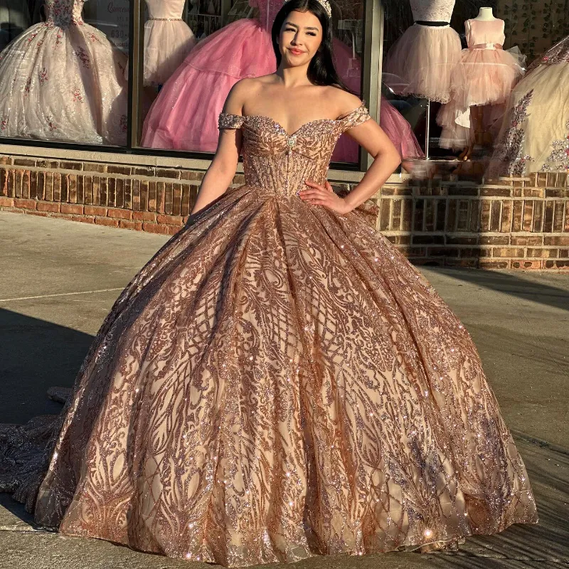 Rose gold off-shoulder mermaid waist heavy beaded sequin lace train ball gown Quinceanera princess dress