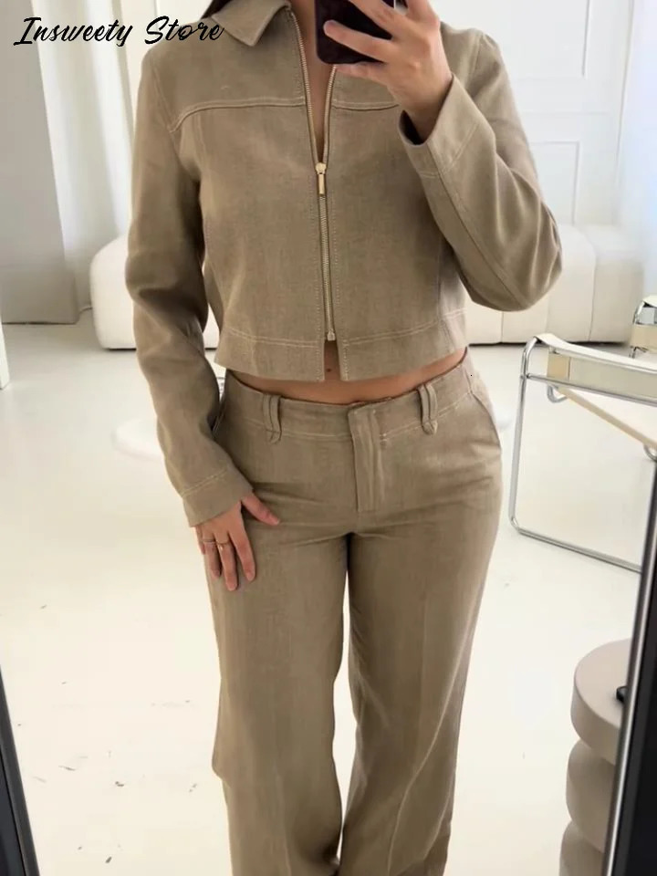 Casual Coats Pants Sets WomenS Turn-down Collar Long Sleeve Zippers Tops High Waist Trousers 2026 Spring Lady Chic Suit 260624