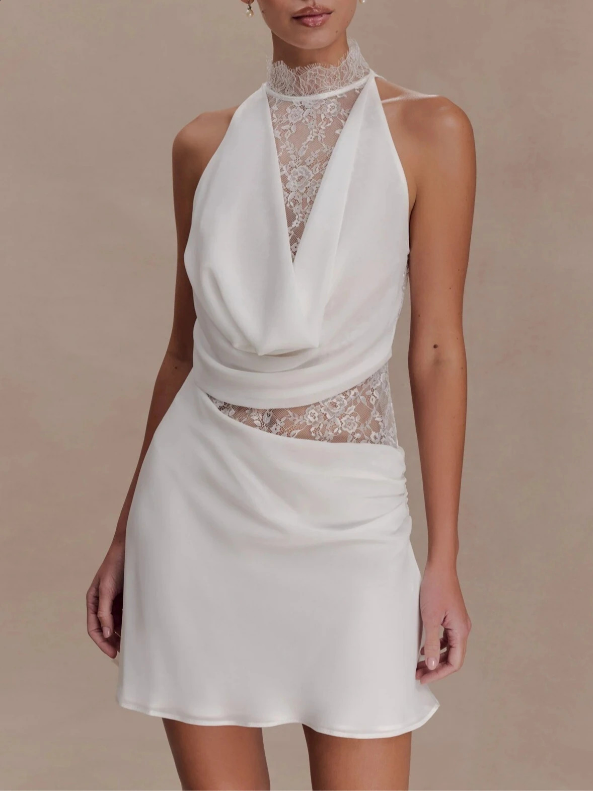 Summer Lace Patchwork Hollow Out White Dress Women Sexy Half High Collar Backless Mini Dress Female Party Evening Grown 260624BJ
