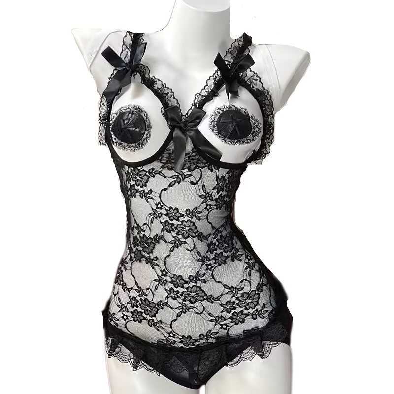 Lingerie Sexy Lace Bodysuit Womens Underwear Erotic Costume Exotic Open Bra Perspective Pajamas Crotchless Hollow Mesh Lingerie D260625