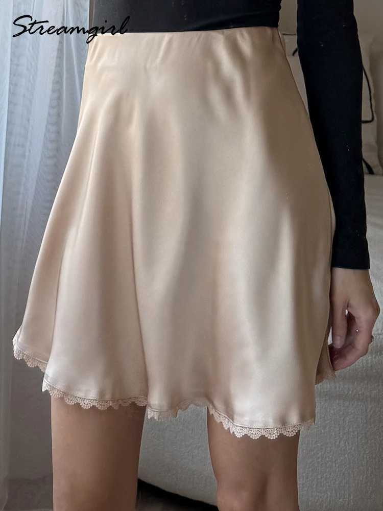Streirl Satin Mini Skirt With Lace For Women Summer Elegant Black Satin A-Line Skirts Short For Woman Mini Silk Skirts Lace L26