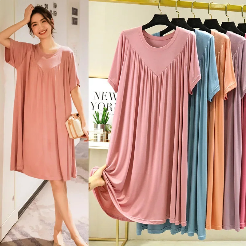 Modal Nightgown Women Cotton Clothes for Summer Loose Large Size Casual Short-sleeved Night Dress Pleated Thin Home Long Dress 260624BJ