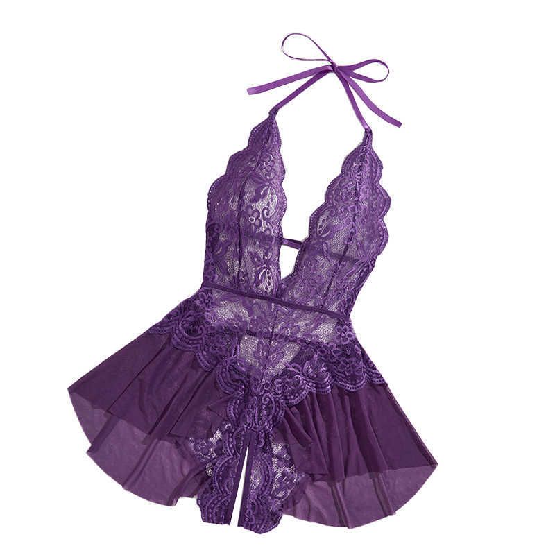 Sexy Womens See-Through Lace Flower Print Bodysuit Teddy Doll Dress Backless One-piece Deep V Open Bra Crotchless Lingerie Set D260625