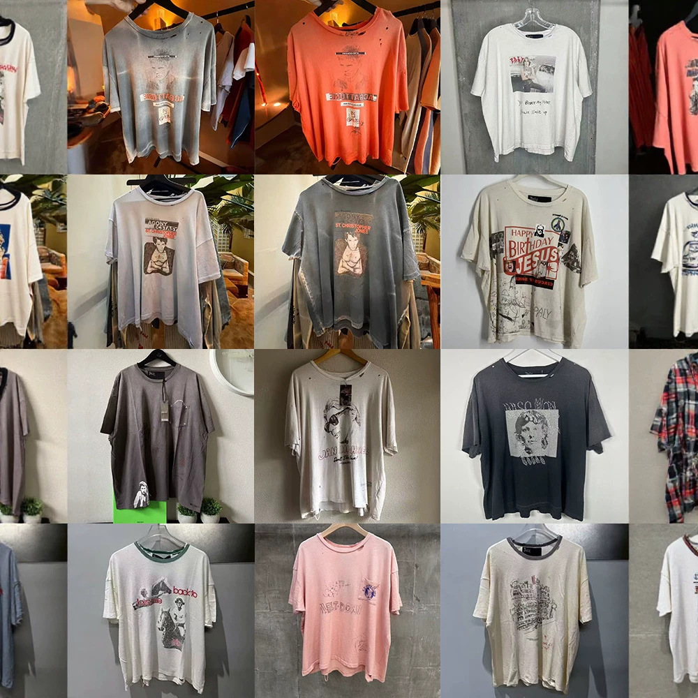 Men T shirt Cotton Vintage Destroyed Painting Tee Ink Splatter Pigment Washed Distressed Holes Short Sleeve Crew Neck Casual Street T Shirts for men