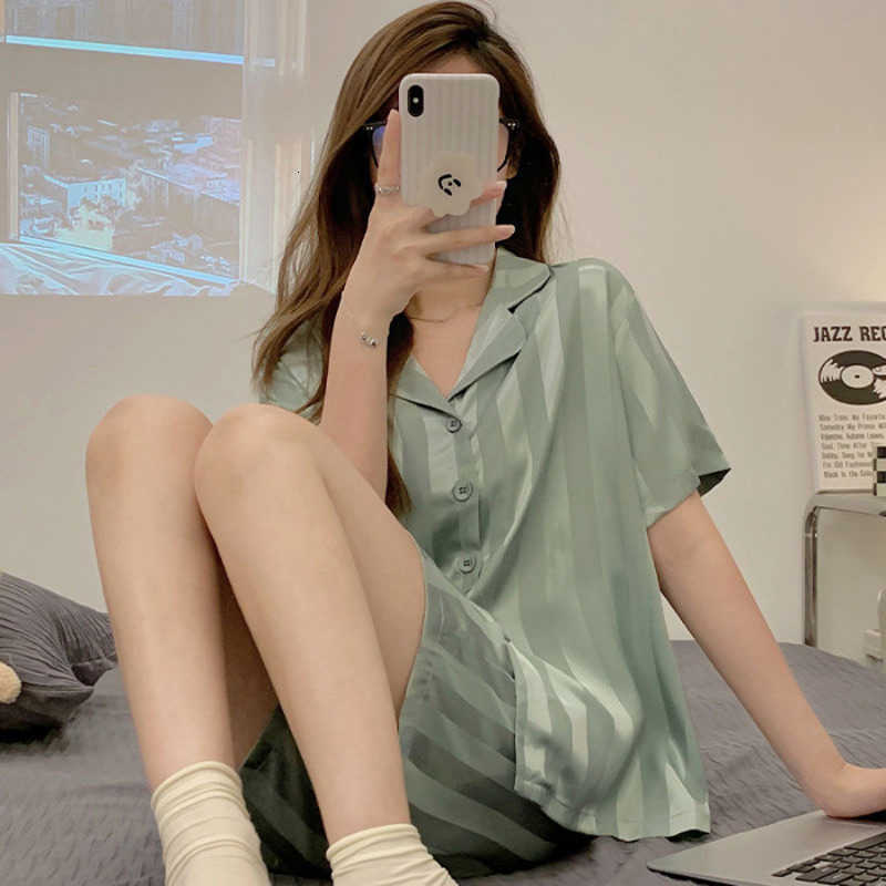 Simple Striped Ins Summer Korean-Style Pajamas for Women Short-Sleeve and Shorts Ice Silk Loose Fit Teen Summer Set M260625