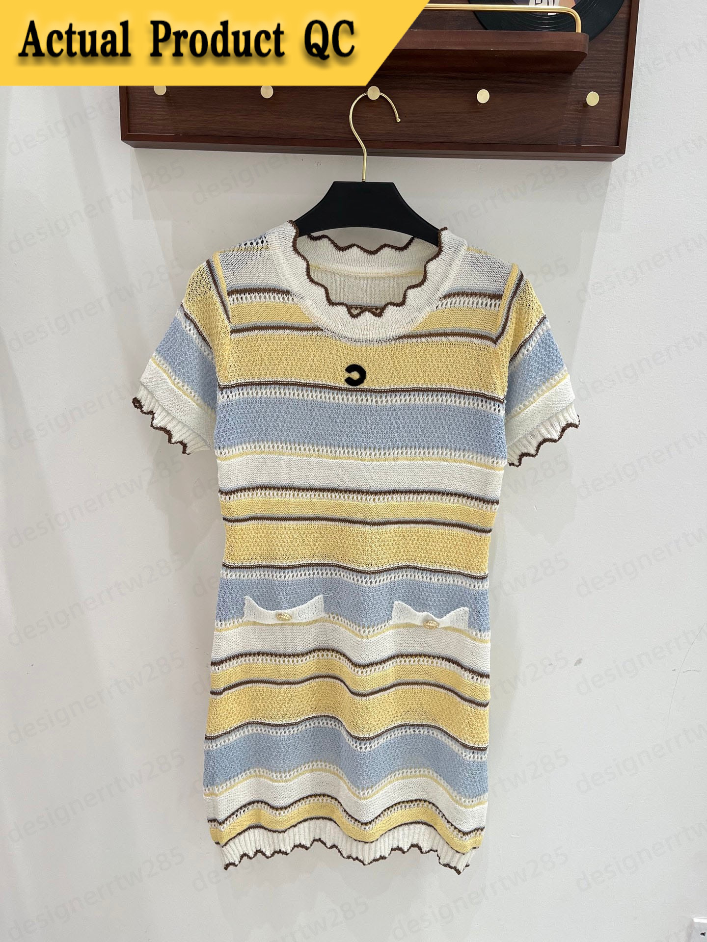Vêtements de créateurs pour femmes, robe courte à rayures pastel, tricot transparent, col rond, poche, boutons, robes fines et douces, vêtements