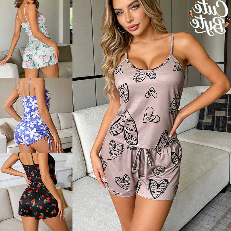 Ladies Women Sexy Satin Pajama Pajama Print Round Neck Ice Silk Top T-Shirt and Shorts Sets Breathable Comfortable Home Wear New M260625