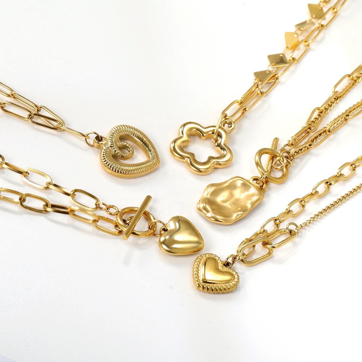 Heart Pendant Clavicle Chain Ins Personality Trendy OT Buckle Necklace Stainless Steel 18K Gold Plated Jewelry for Women