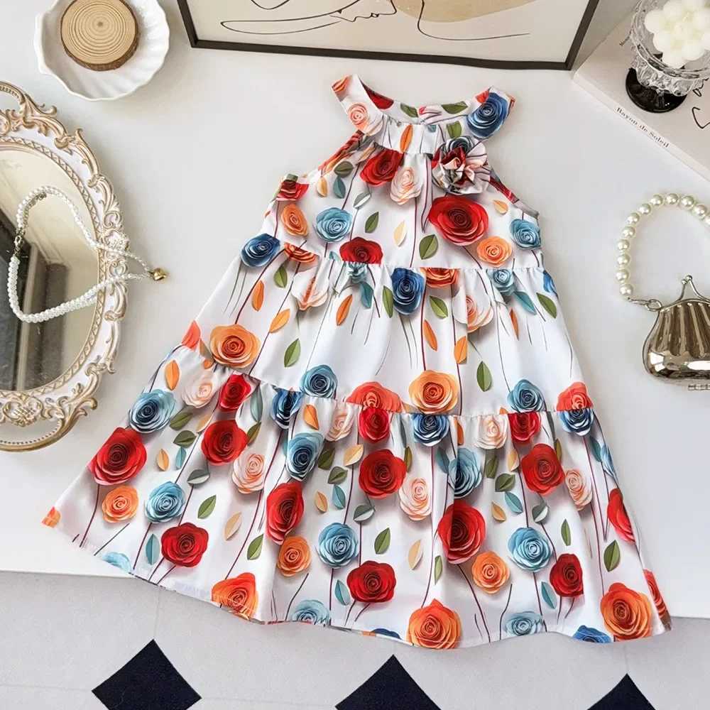 Summer New 3-7 Years Girl Vacation Causal 3D Floral Print Halter Princess Dress 1 Pc Korean Version Fashion Kids Sweet Clothes Y260625T1R7