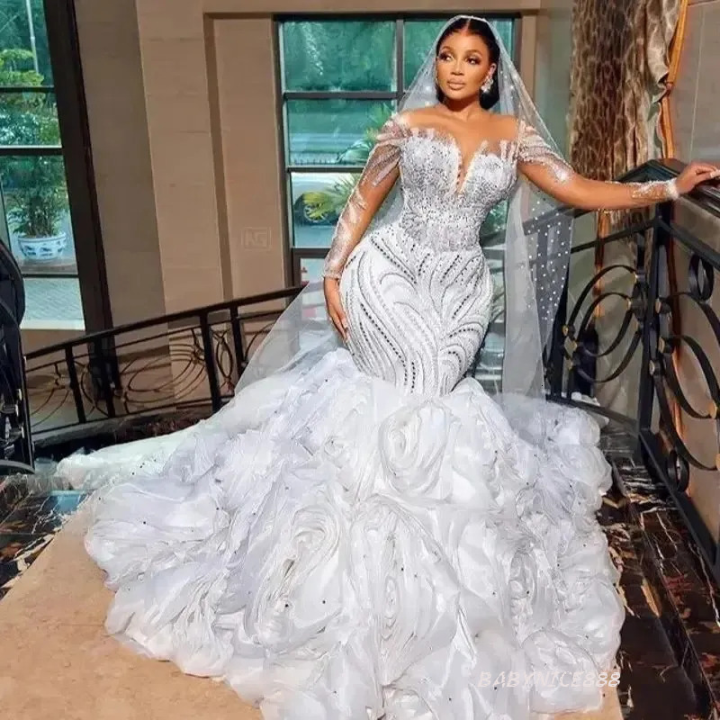 Luxury Arabic Dubai Bridal Wedding Dress For Women Sheer Long Sleeves Beading Crystal Bride Gown Vestidos Novia Robe De Mariage