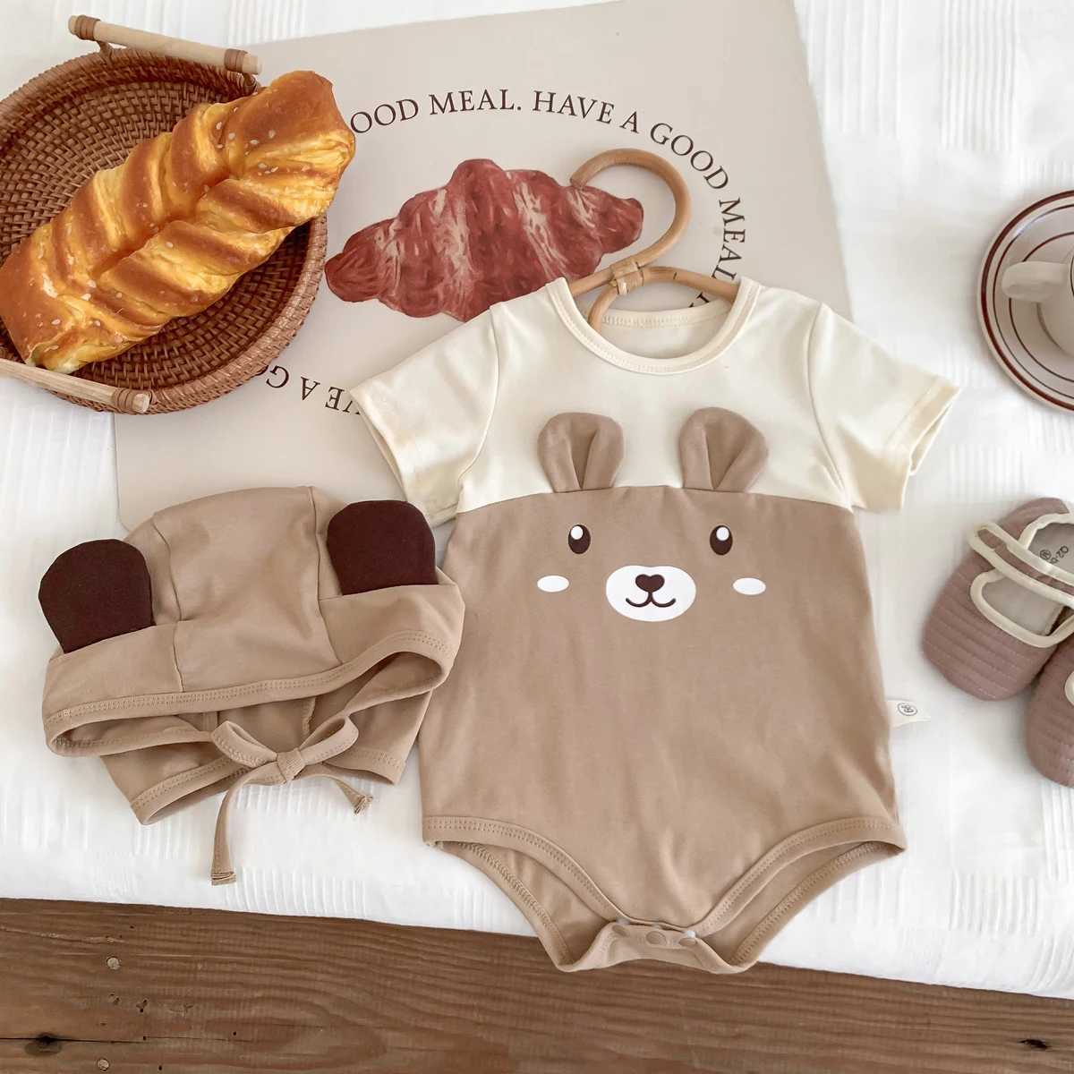 Instagram Summer Korean Baby Bodysuit Cute Baby Bear Color Block Style Trendy Matching Bodysuit with Hat Gift Y260625MFTL