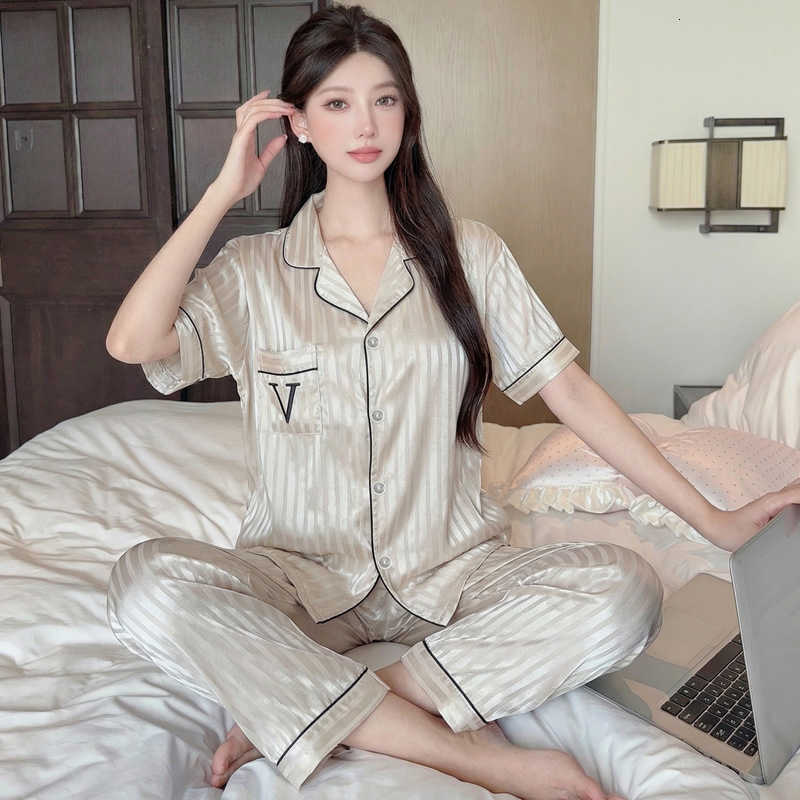 Pajamas New Short-Sleeve Womens Summer Light Striped Ice Silk Satin Pajamas Casual Home Wear Long-Sleeve Set M260625
