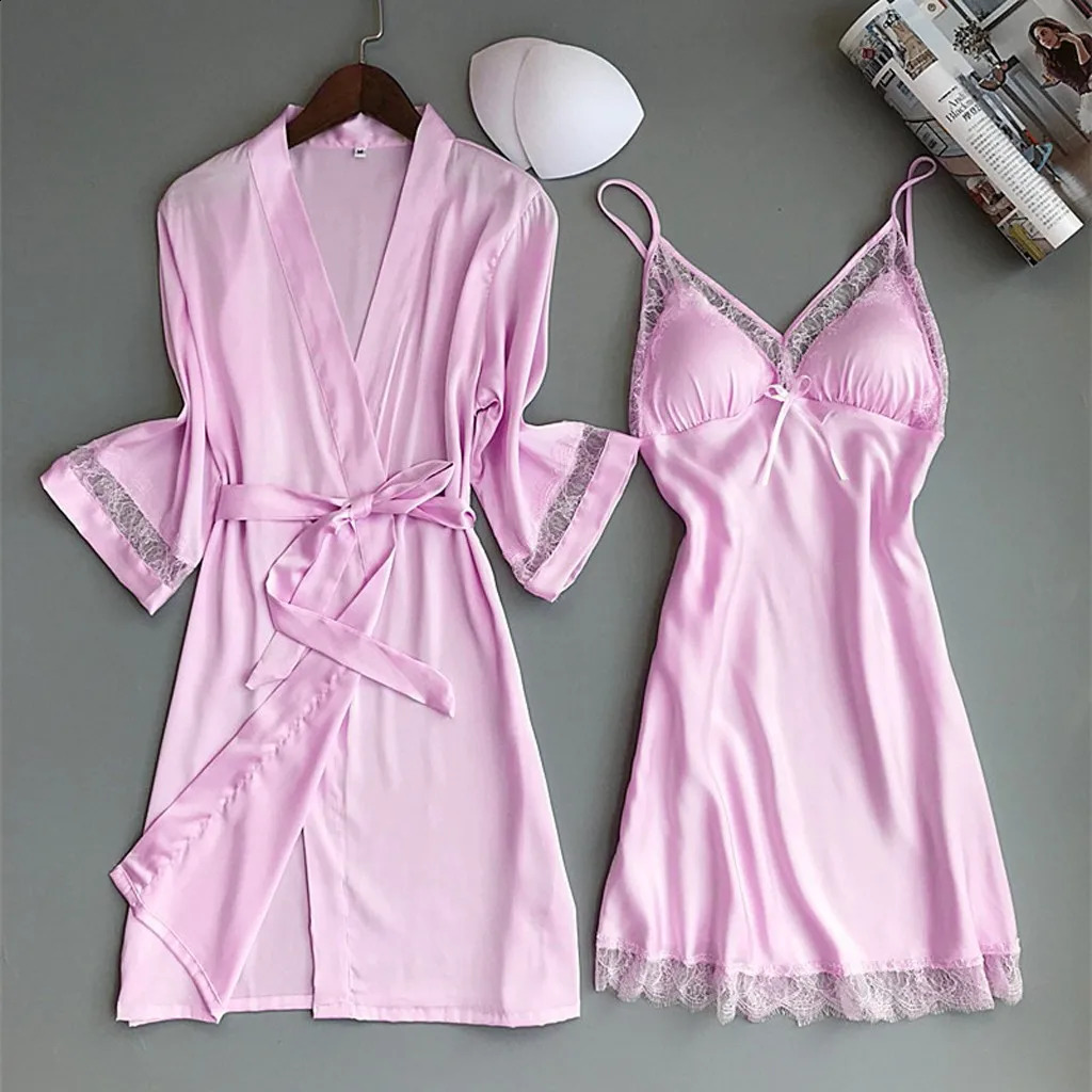 Two Piece Set Of Satin Silk Pajamas For Ladies Solid Color Lace Edge Sexy Fashion Robes And Suspender Sleepwear Dress 260625