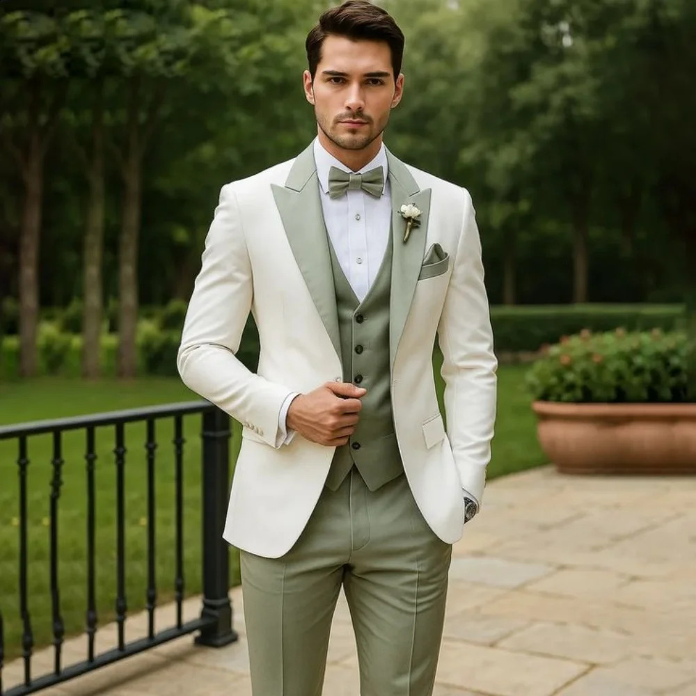 3 Pieces Wedding Tuxedo for Groom Sage Green Slim Fit Formal Men Suits Elegant Blazer Vest Pants Set for Prom Party Ceremony 260624BJ