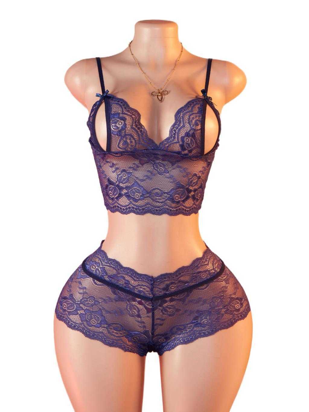 Lingerie Sexy Ladies Floral Bras Transparent Blue Lace Bra And Panties Sets Women Open Crotch Temptation Exotic Underwear Set D260625SN5S