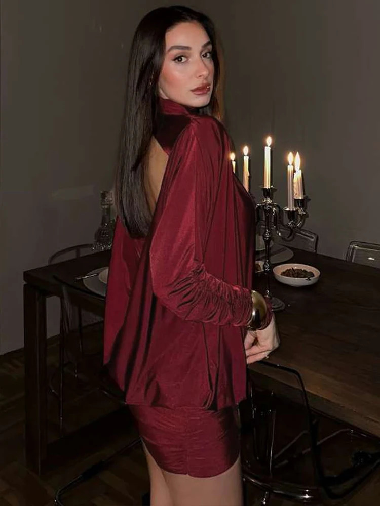 Sisterlinda Backless Dress Women Full Sleeve Turtleneck Folds Solid Skinny Birthday Party Autumn Trend Elegant Chic Mini Bodycon 260624