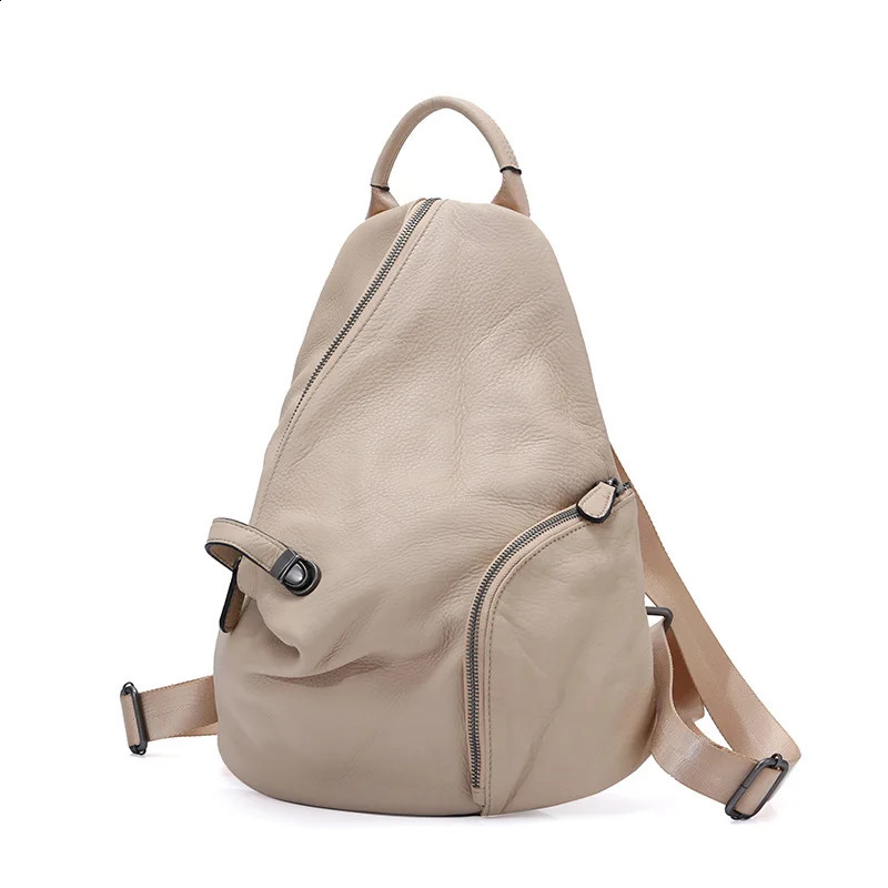 Zency Womens Genuine Leather Antitheft Backpack Black Lady Knapsack High Quality Zipper Buckle Rusksack 2024 Back Beige 260615