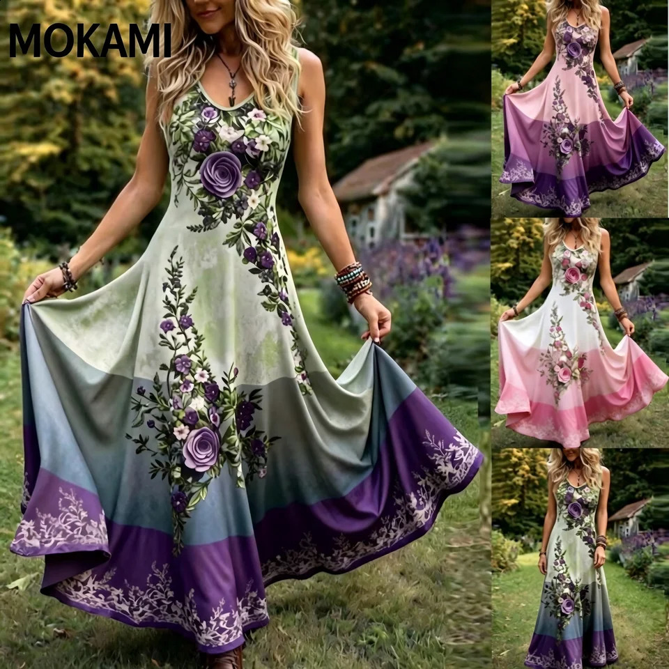Women Bohemian Floral Print Maxi Dress Sleeveless V Neck High Waist A-Line Long Dress Vintage Boho Casual Summer Party Sundress 260625