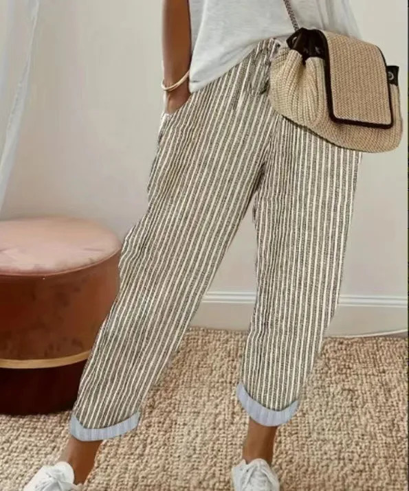 European and American Cross border Womens Summer Fashionable Loose Stripe Printed Elastic Waist Drawstring Casual Pants 260624