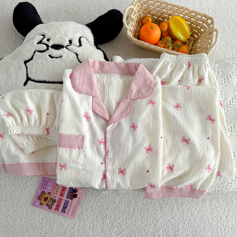 Girly Bow and Cloud Korean-Style Print Cotton Summer New Arrival Pajama Set Three-Piece Short-Sleeve Cardigan Casual Homewear Se M260625