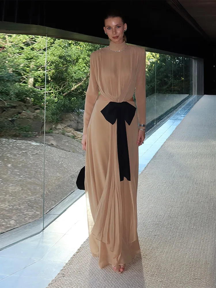 High Neck Cutout Bow Women Maxi Dress Sheer Chiffon Long Sleeve Formal Evening Gown Elegant Floor Length Party Dress 260625