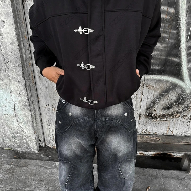 Harajuku Y2k Plane-buckle jacket Rock Goth Streetwear Hooded sweatshirt Subculture Punk Jacket Oversized Fashion Hip Hop Clothes 260624