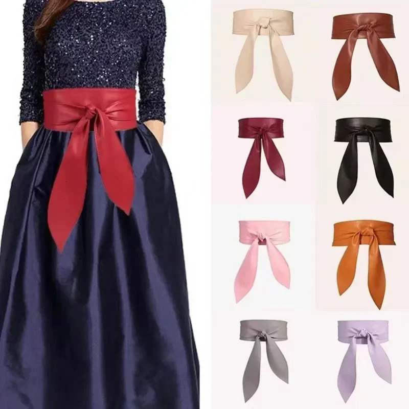 Women Lace Up Belt Elegant Bow Belt Long Black Soft Leather Wide Waistband Bowknot Cummerbund Ties Bow Ladies Dress Decoration 260617
