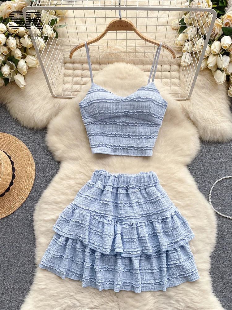 SINGREINY Ruffles Summer Lace Two Piece Set Women Elegant Backless Stretch Camisole Elastic Waist Mini Skirt Korean Fashion Suit 260622