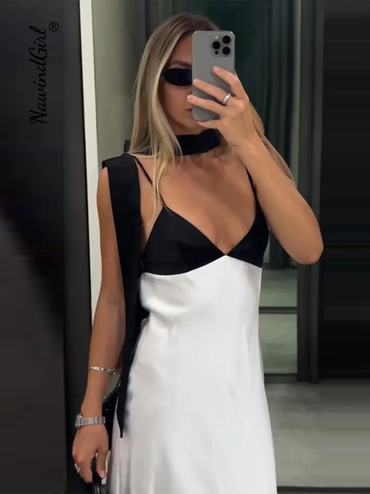 Elegant Contrasted Patchwork Womens Dress Scarf V-Neck Sleeveless Backless Slip Maxi Dress Summer Fashion Female Robe 260624