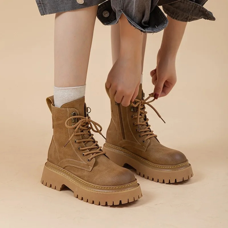 Soft Leather Retro Booties Womens Autumn and Winter Round Toe Shallow Mouth Lace-up Platform Plus Fleece Kitten Heel Boots 260624