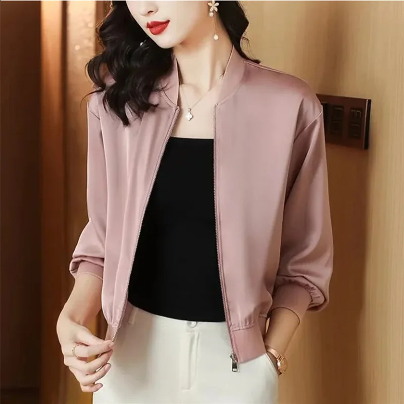 Silk Short Jackets Woman Coats Loose Satin Outwear Solid Color Cloth Zipper Baseball Jacket Spring Autumn Clothes Female 260625