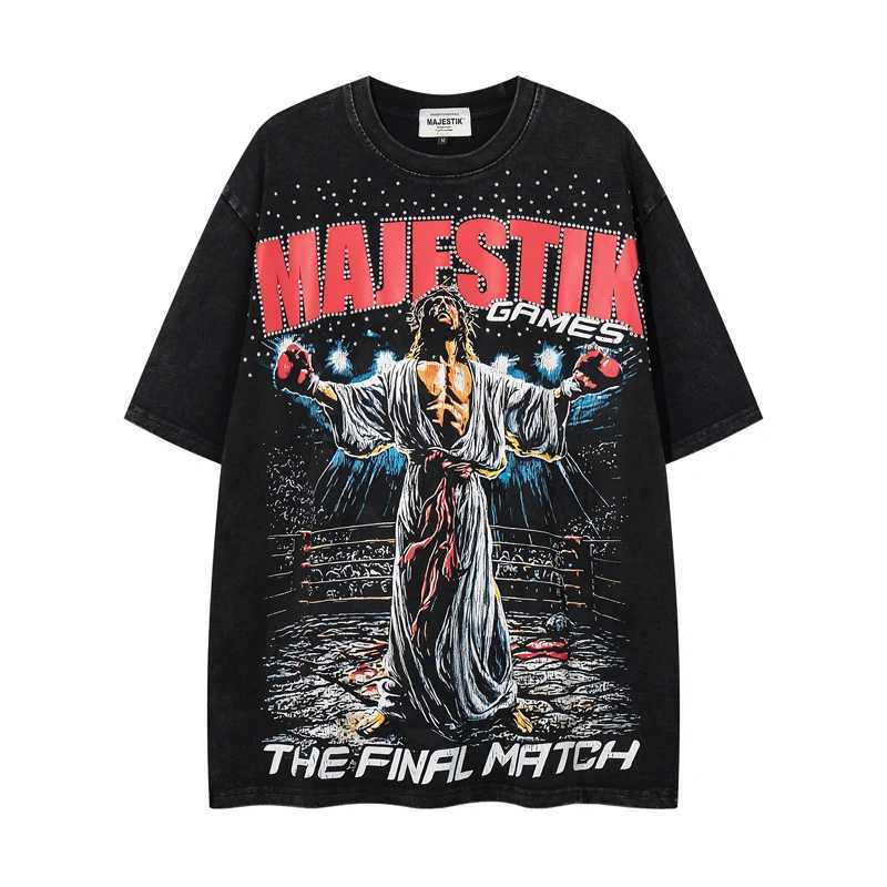 Mens Womens Street Style Retro Washed Dark Blk MAJESTIK Short Sleeved Letter Printed Beaded T-Shirt Stock T260622