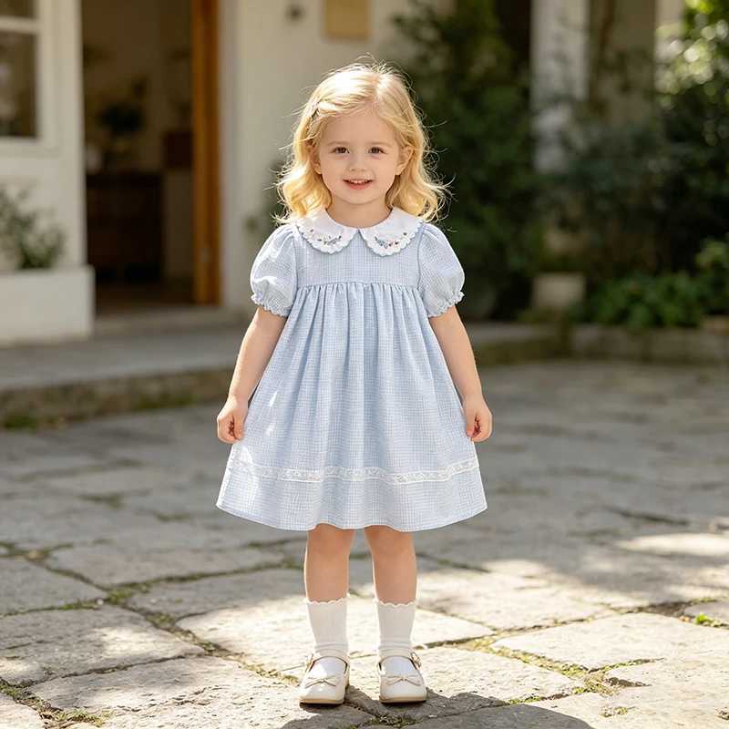 2026 New Summer 2-6Yrs Short Sleeve Dress Floral Korean Version Sweet Grid Dress Embroidered Collar Girls Children Dress Y260625LJET