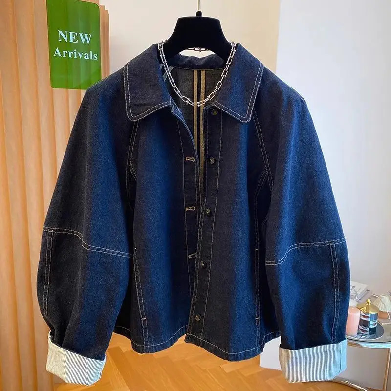 Women Denim Jackets 2026 Korean Style Dark Blue Long Sleeve Single Breasted Coats Spring Autumn Vintage Loose Jacket Tops 260624